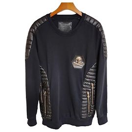 Philipp Plein Black Skull Logo Shoulder Leather Sweatshirt Black