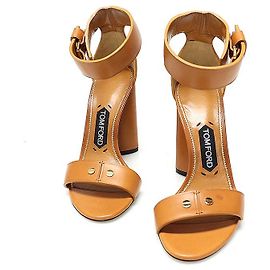 Tom Ford Sandálias de salto bloco aberto em couro marrom e dourado para mulher Marrom