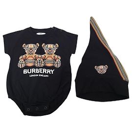 Burberry Schwarzes Set aus Baumwoll-Oberteil und Mütze mit Baby Thomas Bear Motiv Schwarz