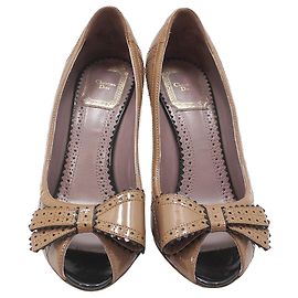 Dior Christian Cannage Patent Leather Open-Toe Pumps Brown