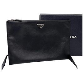 Prada Pochette Saffiano Triangle Logo Noir Noir