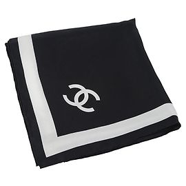 Chanel Lenço Quadrado de Twill de Seda Ecru Preto CC Branco
