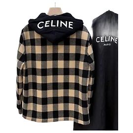 Céline Check Wool Hooded Overshirt Jacket Beige Brown