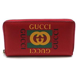 Gucci Unused Red Leather Logo Print Zip Long Wallet Red