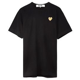 Comme Des Garcons Schwarzes T-Shirt mit goldenem Herz-Patch Schwarz