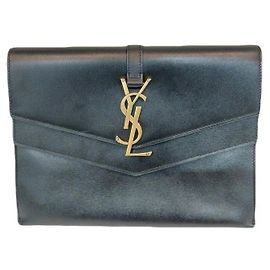 Saint Laurent YSL Black Shiny Gold Cassandra Envelope Leather Clutch Pouch Black