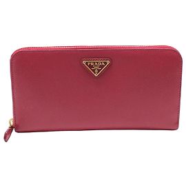 Prada Pink Saffiano Gold Triangle Logo Long Wallet Pink