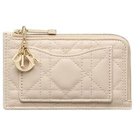 Dior Cosmos Zip Card Holder Dusty Ivory Cannage Lambskin Brown