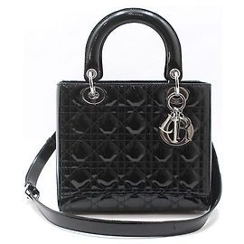 Dior Bolso de hombro Lady Medium en charol negro cannage plata Negro