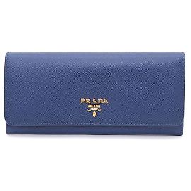 Prada Gold Metal Logo Saffiano Long Wallet Blue