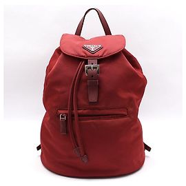 Prada Red Fabric Pocono Nylon Silver Triangle Logo Backpack Red