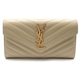 Saint Laurent Beige Caviar Matelassé Monogram Gold Long Wallet Brown