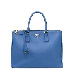 Prada Tote Tasche Blue Leather Saffiano Lux Double Zip Blau