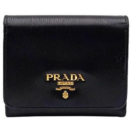 Prada Black Saffiano Gold Metal Logo Three-Fold Wallet Black