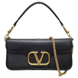 Valentino Bolsa de ombro Rockstud com corrente e logotipo dourado em couro de bezerro preto Preto