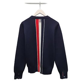 Thom Browne Navy Back Stripe Intarsia Round Knit Blue