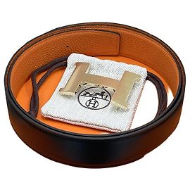 Hermès Cinto Reversível Preto/Laranja com Ferragens Douradas Preto