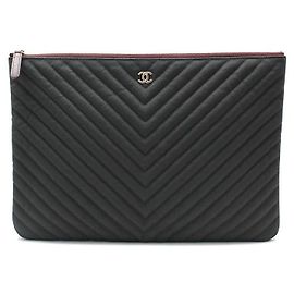 Chanel Black Matte Caviar Chevron Clutch Large Red
