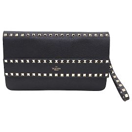 Valentino Clutch Rockstud in pelle nera e metallo dorato Nero