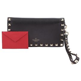 Valentino Black Leather Rockstud Clutch Wallet Black