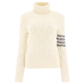 Thom Browne Diagonal gestrickter Rollkragenpullover Elfenbein Weiß