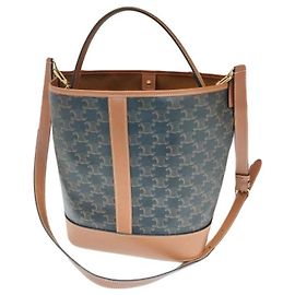 Céline Bolsa Bucket Média em Canvas Triomphe e Pele de Vitela Castanha, Bolsa de Ombro Marrom