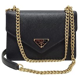 Prada Black Saffiano Triangle Logo Envelope Chain Shoulder Bag Black