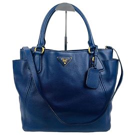 Prada Bolsa de ombro Tote em couro Vitello Daino com bolso dourado Azul