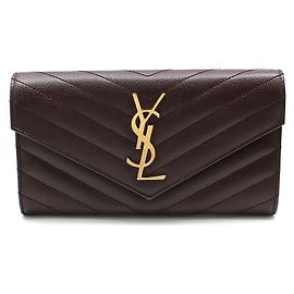 Saint Laurent Burgundy Caviar Monogram Gold Embossed Long Wallet Red