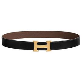 Hermès Cinto reversível masculino de couro preto e chocolate com fivela fosca dourada Dourado