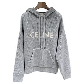 Céline Wool Ribbed Gray Knit Hoodie Brown