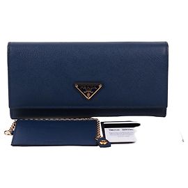 Prada Blue Saffiano Triangle Logo Long Wallet Blue