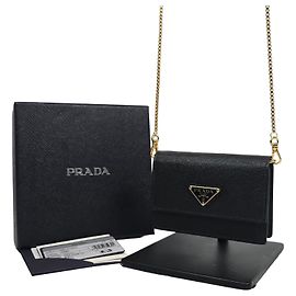 Prada Saffiano Chain Card Case Silvery