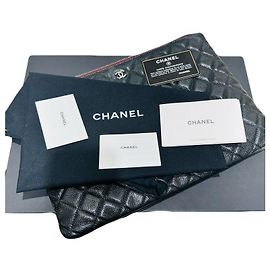 Chanel Clutch Black Caviar Classic Large CC Logo Prateado Preto