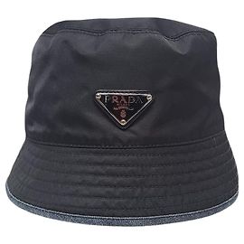 Prada Black Denim Recycled Nylon Reversible Triangle Logo Bucket Hat Blue