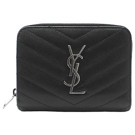 Saint Laurent Black Matelassé Monogram Compact Silver Wallet Black