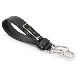 Prada Black Saffiano Leather Enamel Logo Split Ring Keychain Key Holder Black