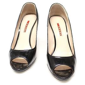 Prada Black Patent Leather Open Toe Wedge Heels Women Shoes Black