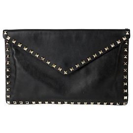 Valentino Black Leather Rockstud Clutch Black