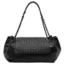 Bottega Veneta Black Leather Python Mesh Chain Shoulder Bag Black