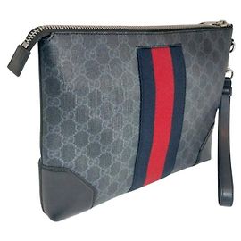 Gucci Black GG Supreme Canvas Web Strap Clutch Bag Black