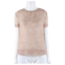 Chloé Blusa Chloe de renda transparente de mangas curtas Marrom
