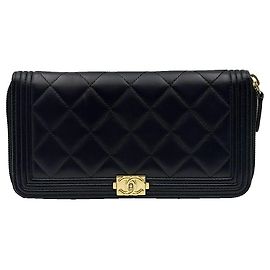 Chanel Navy Lambskin Boy Zipper Long Wallet Blue