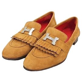 Hermès Mocassin Royal en daim avec bordure Or et Argent Multicolore