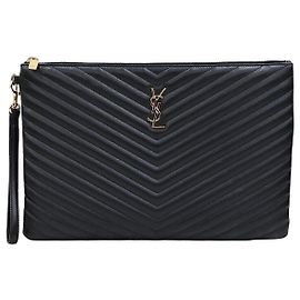 Saint Laurent Quilted Leather Strap Clutch Black