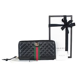 Gucci Double Web Quilting Zip Long Wallet Silvery