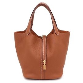 Hermès Bolsa Tote Lock Picotin Camel com ferragem Gold em couro Taurillon Clemence Marrom
