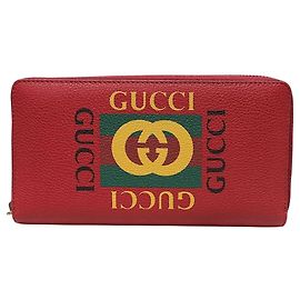 Gucci Red Box Logo Printed Leather Zip Long Wallet Red