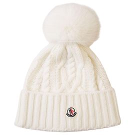 Moncler Touca de cashmere com pompom de pele de raposa Branco