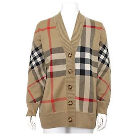 Burberry Beige Wool Jacquard Check Technical Cardigan Brown